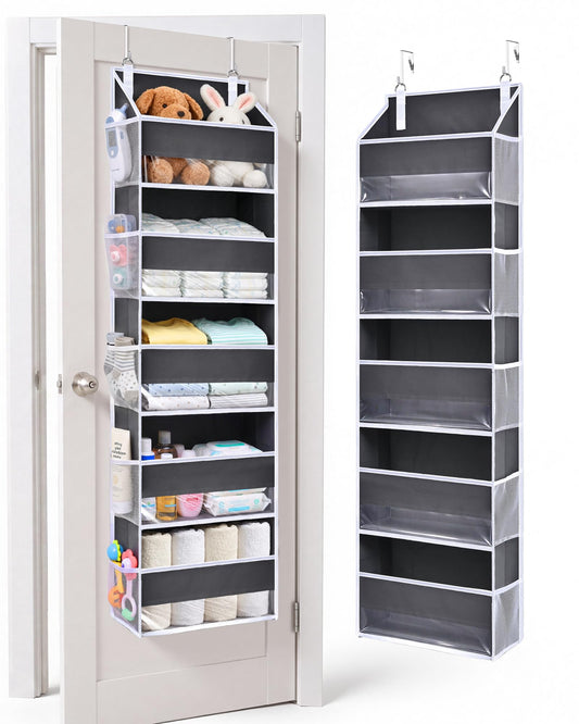 ULG 1 Pack Over Door Organizer with 5 Large Pockets 10 Mesh Side Pockets, 44 lbs Weight Capacity Hanging Storage Organizer with Clear Window Kids Toys, Diapers, Dark Grey, 5 Layers