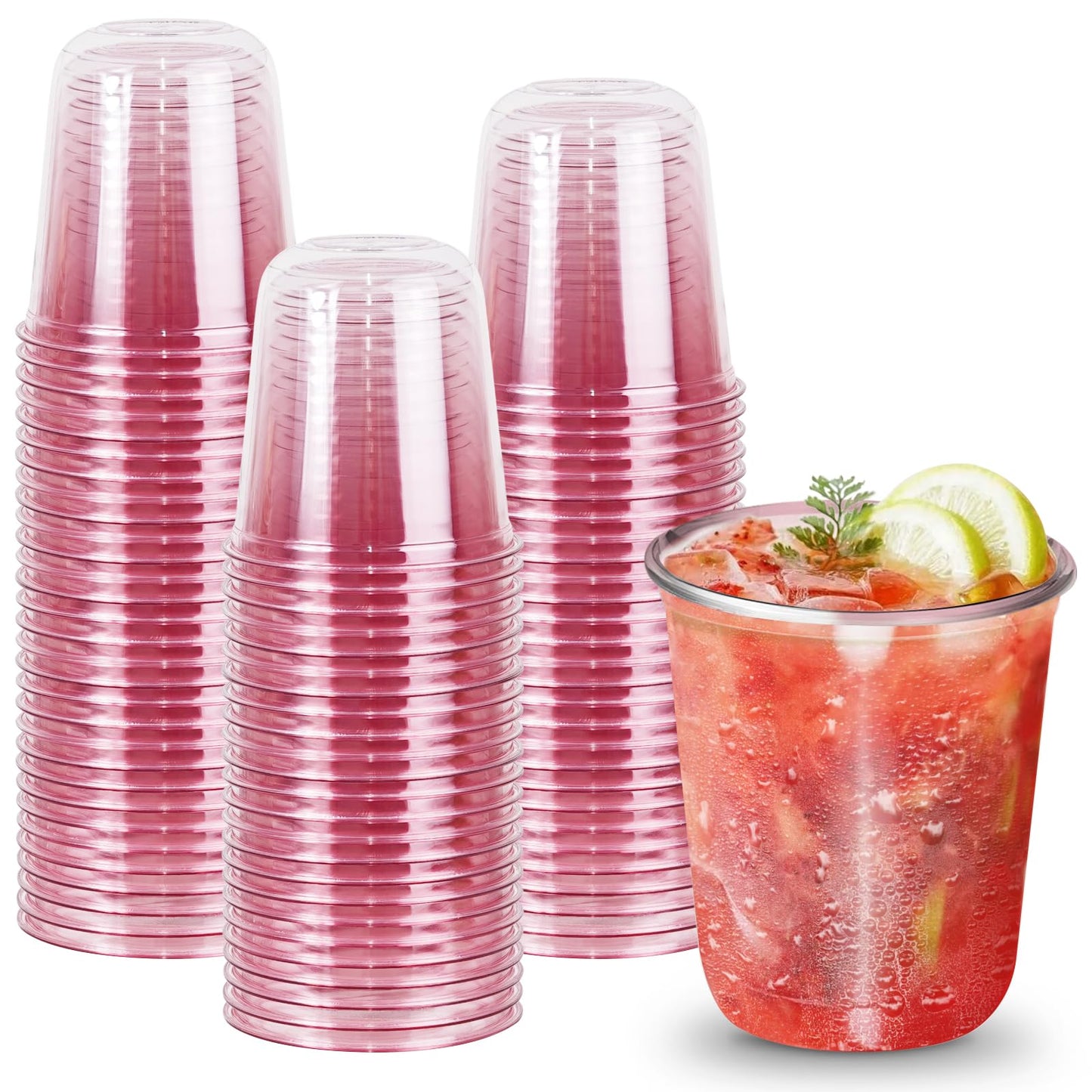 50 PCs Cute Pink Plastic Juice Cups,Disposable Round Bottom Plastic Cups,Stemless Wine Glasses for Cocktail,Cold Drinks,Boba Tea,Smoothie,Baby Shower,Pink Party Supplies (12 Oz)