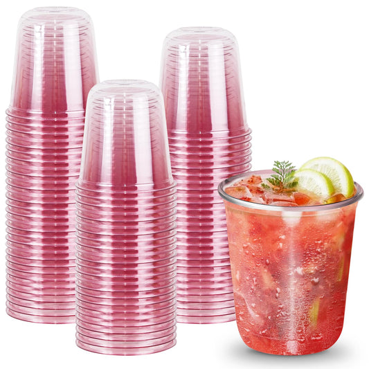 50 PCs Cute Pink Plastic Juice Cups,Disposable Round Bottom Plastic Cups,Stemless Wine Glasses for Cocktail,Cold Drinks,Boba Tea,Smoothie,Baby Shower,Pink Party Supplies (12 Oz)