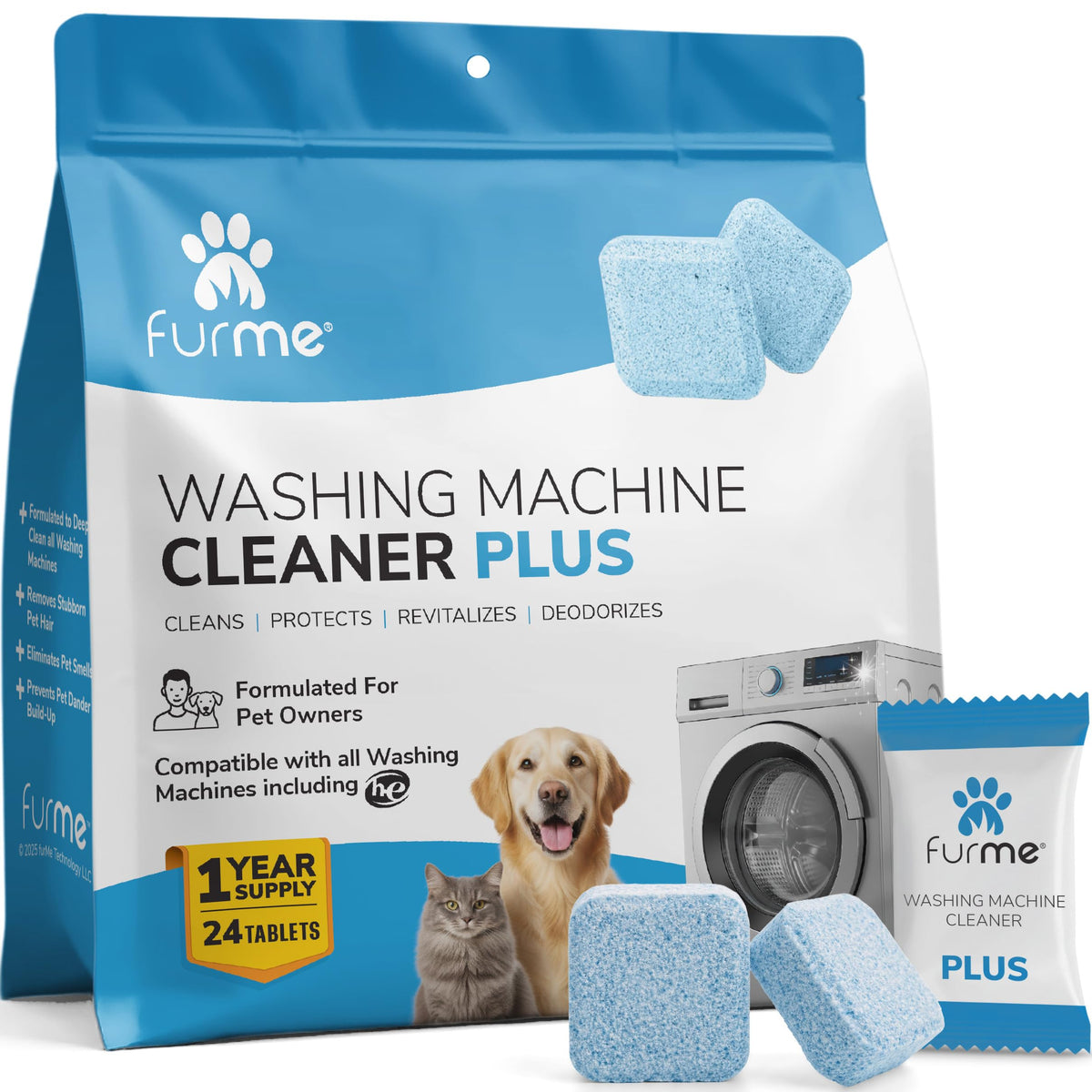 FURME Washing Machine Cleaner Tablets for Pet Owners – 24 Pack Deep Cleaning Descaler for HE Front & Top Load Washers – Removes Pet Hair Odor, Residue & Grime – Septic Safe – 12 Month Supply