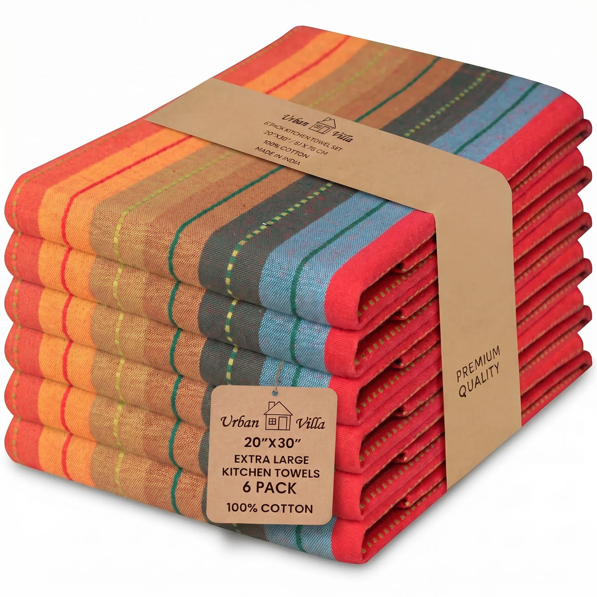 Urban Villa Kitchen Towels 100% Cotton Dish Towels for Kitchen (Set of 6) 20"x30" Highly Absorbent Kitchen Linen Set with Hanging Loop Dish Cloths