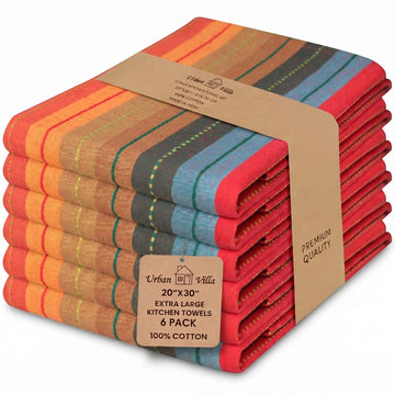 Urban Villa Kitchen Towels 100% Cotton Dish Towels for Kitchen (Set of 6) 20"x30" Highly Absorbent Kitchen Linen Set with Hanging Loop Dish Cloths