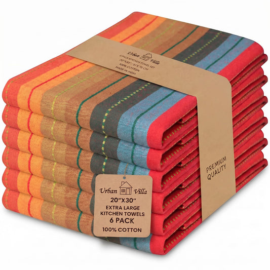 Urban Villa Kitchen Towels 100% Cotton Dish Towels for Kitchen (Set of 6) 20"x30" Highly Absorbent Kitchen Linen Set with Hanging Loop Dish Cloths
