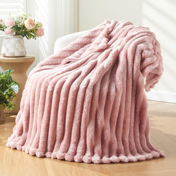 NEWCOSPLAY Super Soft Throw Blanket Pink Premium Silky Flannel Fleece 3D Ribbed Jacquard Lightweight Bed Blanket All Season Use (Pink Ribbed