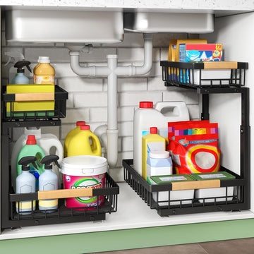 Kitstorack Under Sink Organizer, 2 Tier Under the Sink Storage, Slide out Pull out Cabinet Organizer Shelf, Metal Sliding Drawer
