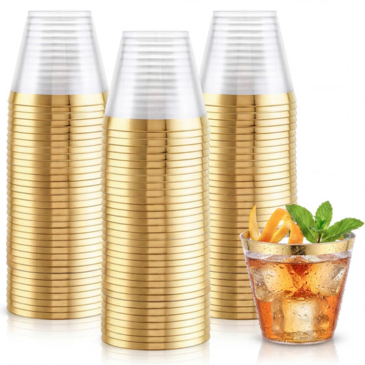 Hioasis 200Pcs 9OZ Clear Cups - Plastic Disposable Cups with Gold Trim, Heavy Duty & BPA-free for Party, Wedding, Reception