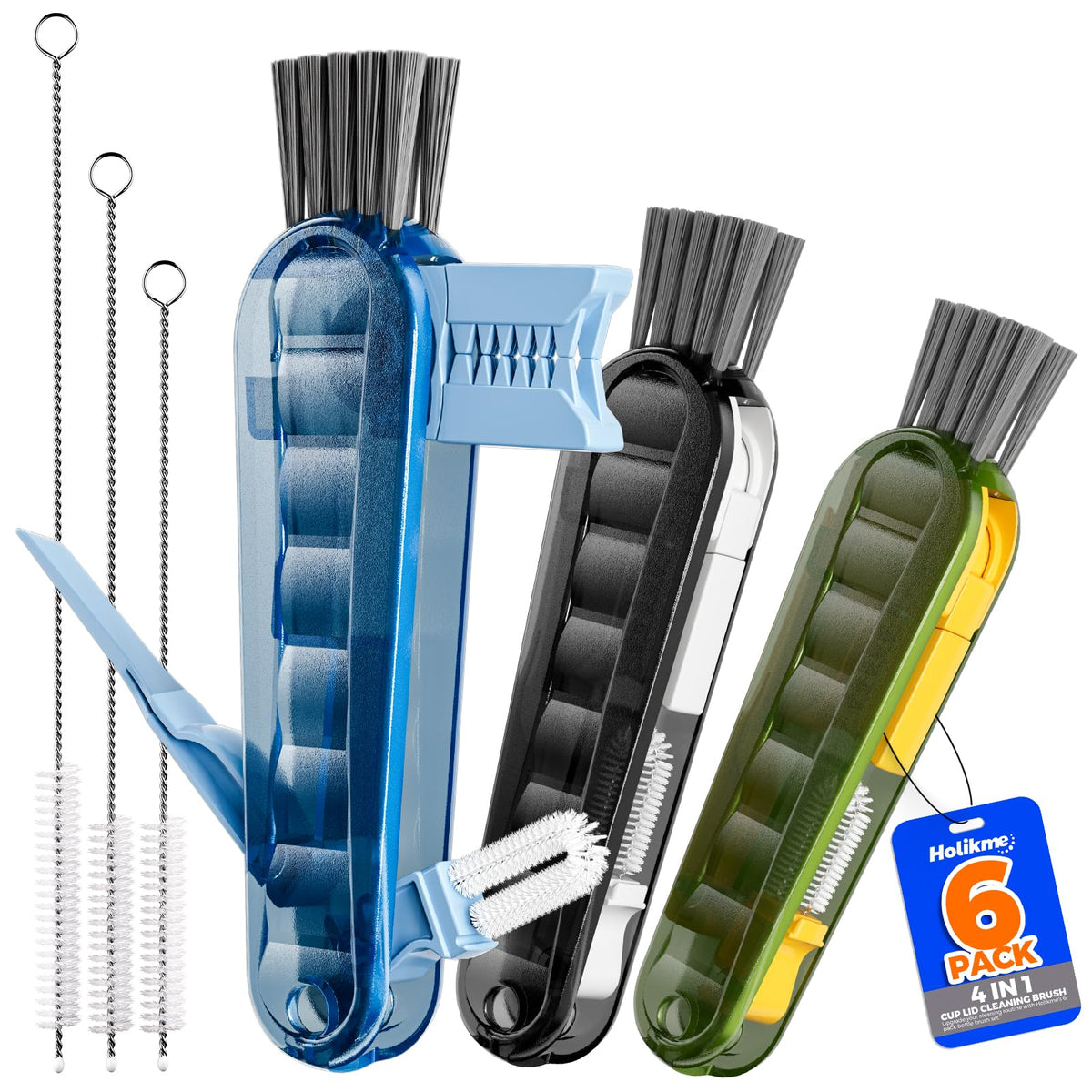 6 PACK Holikme 4 in 1 Cup Lid Cleaning Brush Set with 3 Straws, Multifunctional Bottle Brush, Silicone Cup Lid Gap Cleaner, Durable Bristle Crevice Cleaning Brush,Flat End Brushes,Navy & Black & Olive