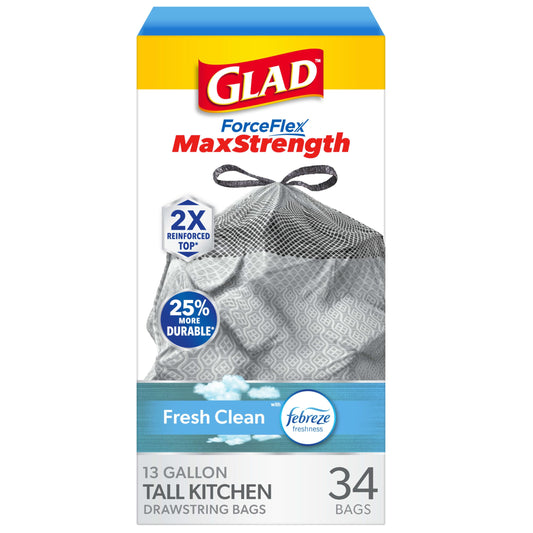 Glad ForceFlex MaxStrength Kitchen Trash Bags, 13 Gal, Fresh Clean Febreze, 34 Ct (Package May Vary)
