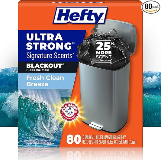 Hefty Ultra Strong Signature Scents 13 Gallon Trash Bags, Fresh Clean Breeze Scent, Tall Kitchen Trash Bags with 25% More Scent Technology, Blackout, 80 Count