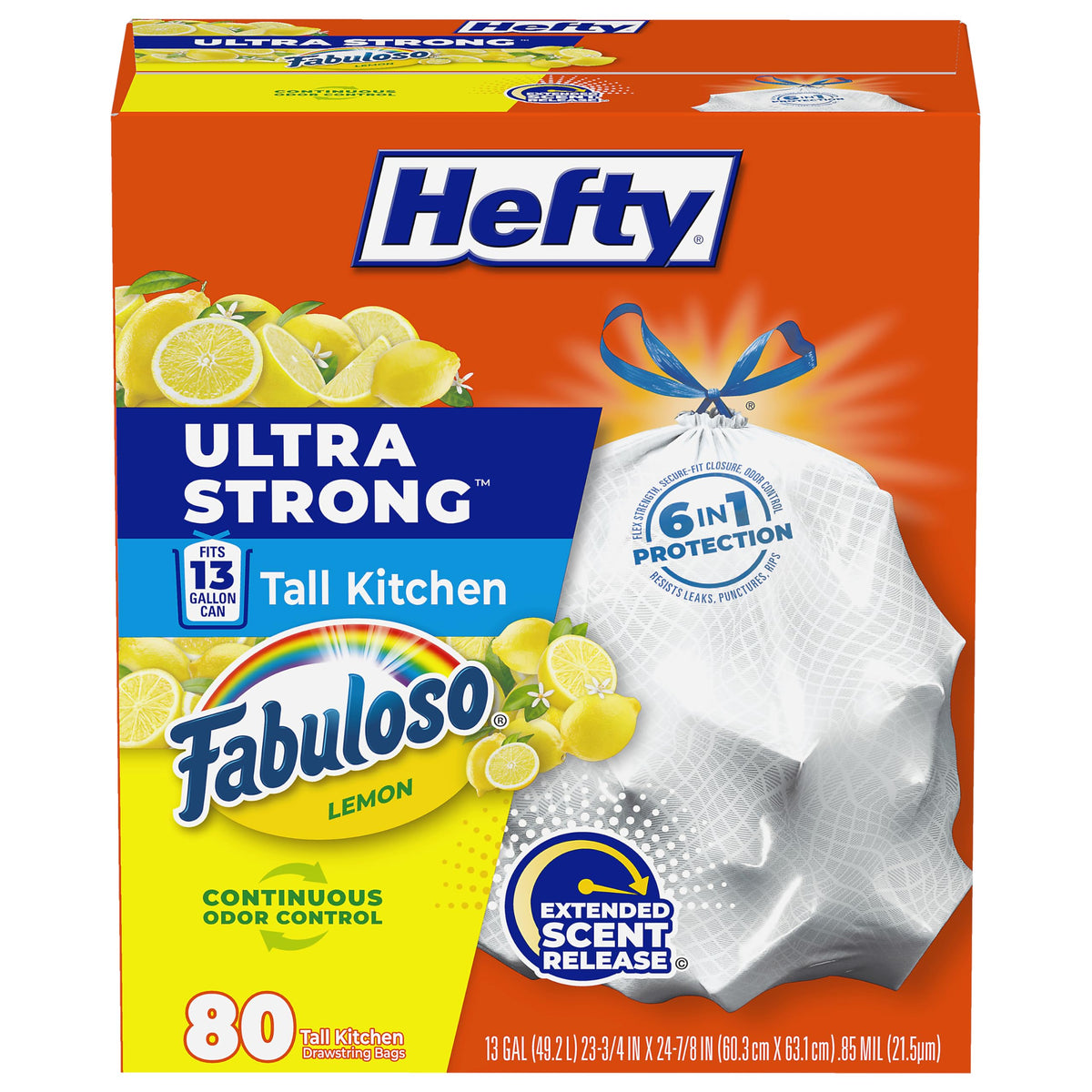 Hefty Ultra Strong 13 Gallon Trash Bags, Tall Kitchen Trash Bags 13 Gallon Size, Resist Leaks, Punctures, and Rips, Continuous Odor Control, White, Fabuloso Lemon Scent, 80 Bags