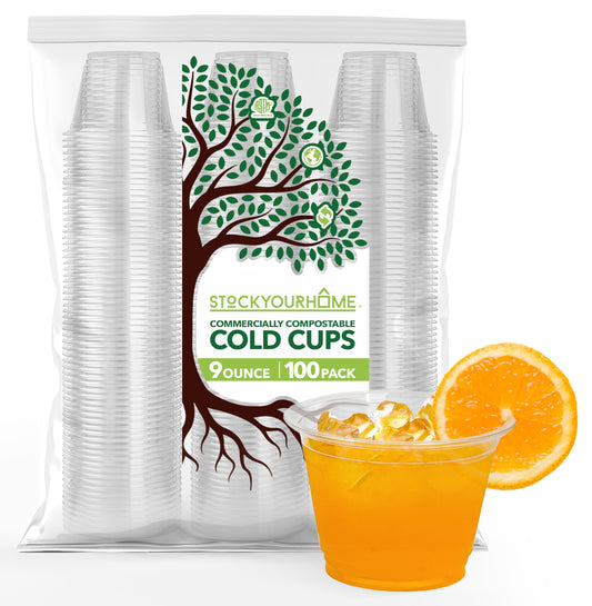 Stock Your Home Commercially Compostable Cups, 9oz (100 pack) Clear Plastic Cold Cups, Disposable Cups for Parties & Everyday Use