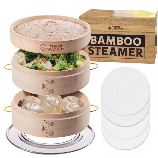 Bamboo Steamer 10 Inch 2 Tier Wooden Basket With Handle, Ring Adapter, Reusable Silicone Liner, Kit For Cooking Dumpling Baby Bao Bun, Dim Sum, Rice Potsticker Steaming Chinese Asian Food & Vegetables