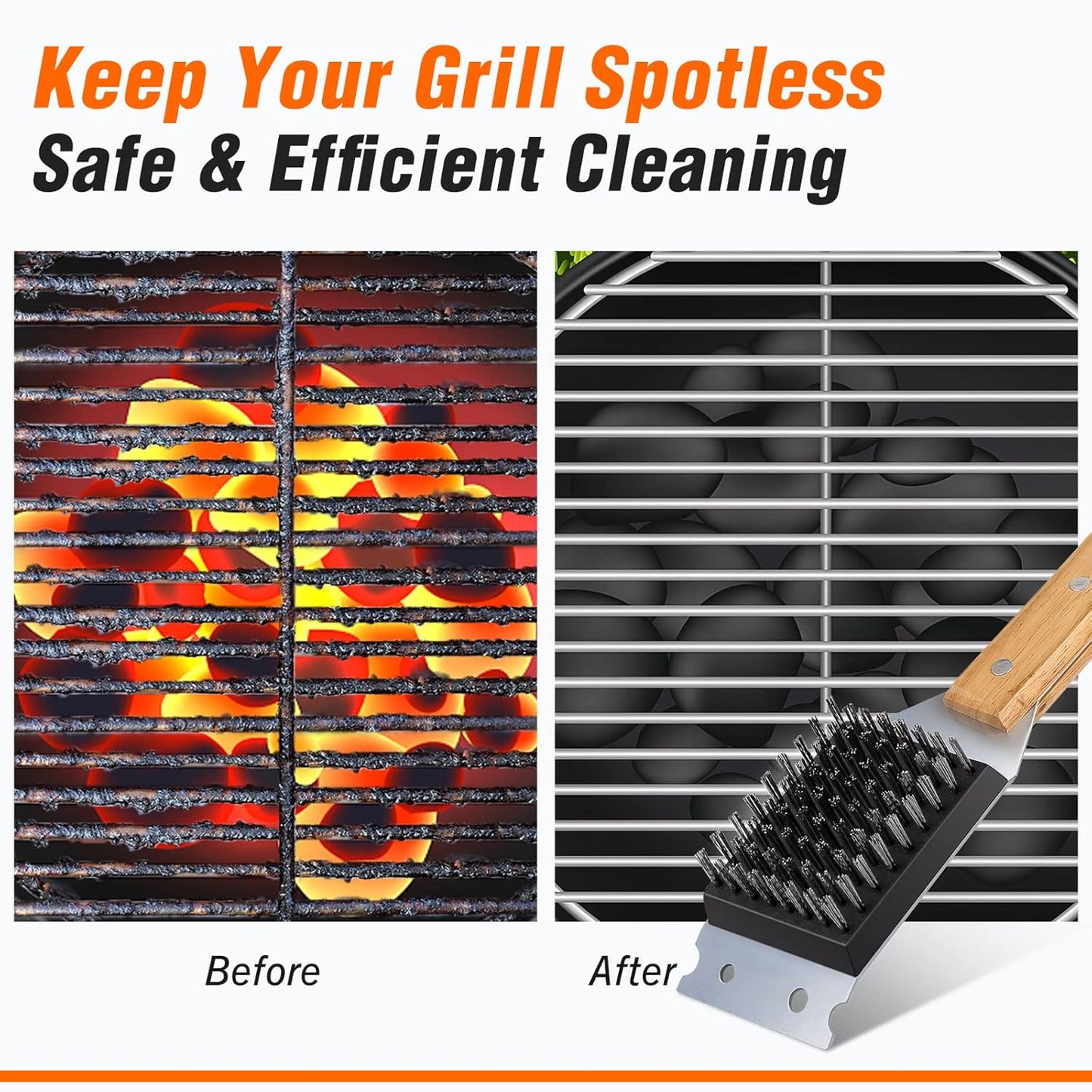 SIMPLETASTE Grill Brush and Scraper for BBQ, Durable & Effective, Replaceable Stainless Steel Head, Wooden Handle Wire Grill Brush for Outdoor Grill, Barbecue Accessories