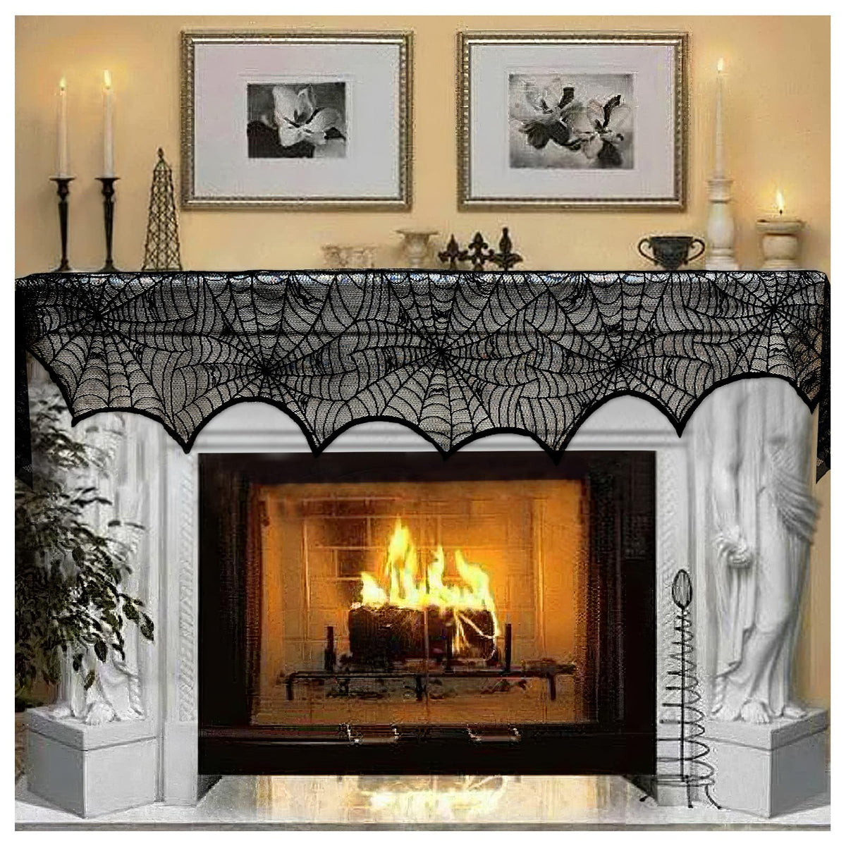 AerWo Halloween Decoration Black Lace Spiderweb Fireplace Mantle Scarf Cover Festive Party Supplies 45 X 243cm 18 x 96 inch