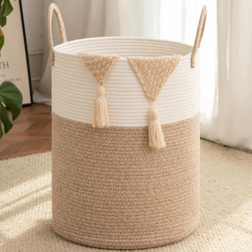 OIAHOMY Large Laundry Basket Hamper - 60L Cotton Rope Woven Basket for Blankets, Toys, Clothes - Tall Decorative Nursery Hamper with Long Handles