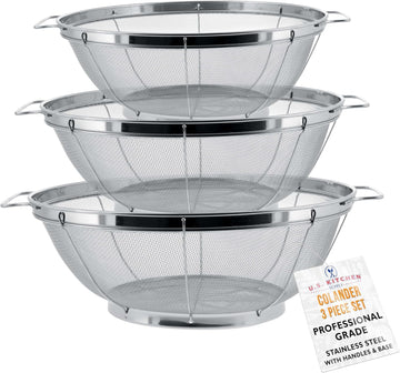 U.S. Kitchen Supply Set of 3 Stainless Steel Colander Strainers Net Baskets 5, 4, & 3-Quart - Colander with Handles & Resting Base