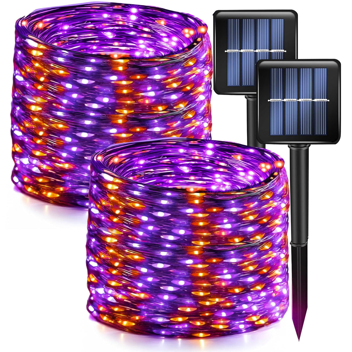 Dazzle Bright 2 Pack Purple and Orange Halloween Fairy String Lights, Total 80FT 240LED Solar Powered Fairy Lights with 8 Modes, Waterproof Copper