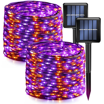 Dazzle Bright 2 Pack Purple and Orange Halloween Fairy String Lights, Total 80FT 240LED Solar Powered Fairy Lights with 8 Modes, Waterproof Copper