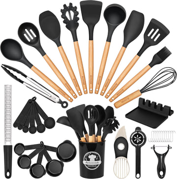 Astercook 39 PCS Kitchen Utensils Set, Silicone Cooking Utensils Set with Wooden Handle, 446°F Heat Resistant Food Grade Utensil Sets