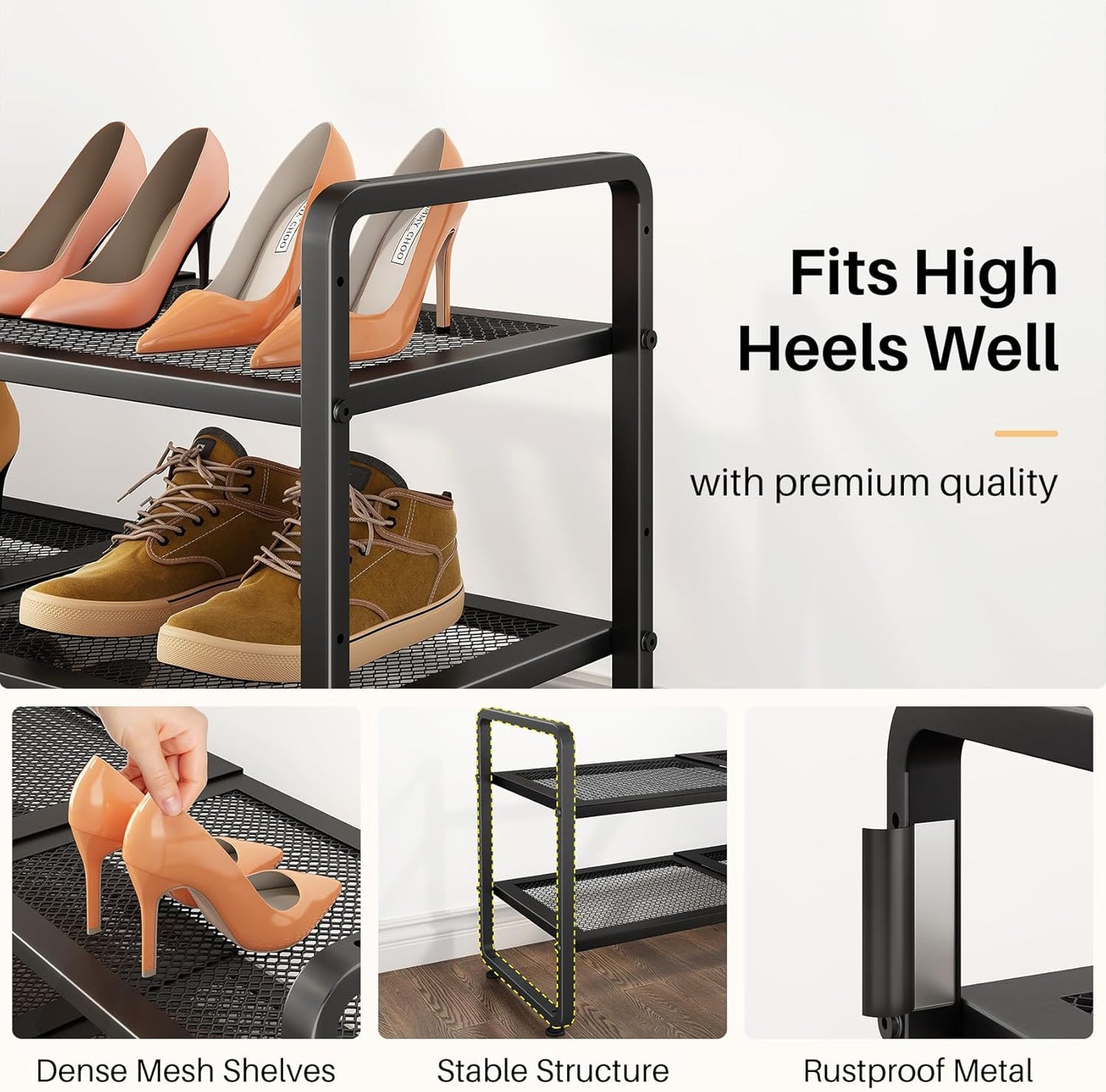 SNTD Shoe Rack - Expandable Shoe Organizer for Closet, Adjustable Metal Shoe Shelf Storage, Stackable Long Shoe Stand Holder for Garage, Entryway, Door Entrance (Black, 2-Tier)