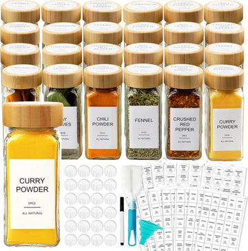 AISIPRIN Glass Spice Jars with 398 Labels, 24 pcs 4oz Spice Containers with Bamboo Lids, Square Spice Bottles With Shaker Lids
