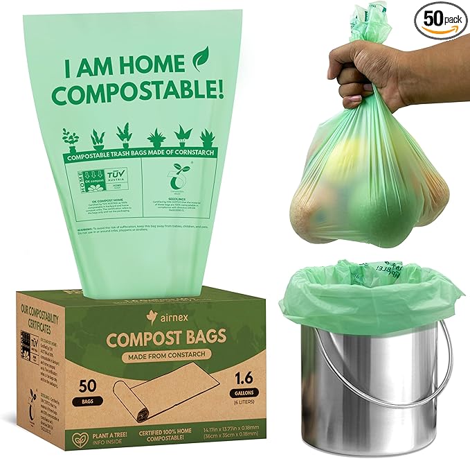 AIRNEX Small Compost Bags 1.6 Gal - 50 Compostable Kitchen Trash Bags for Countertop Bin - Cornstarch Leakproof & Tear-Resistant - OK Compost Home & Seedling Certified 0.18 mm Kitchen Garbage Bags