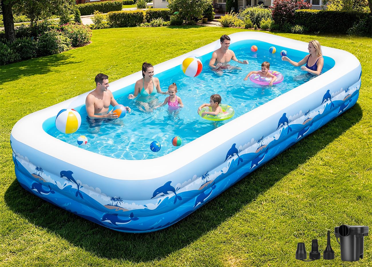 Large Inflatable Swimming Pool for Adults & Kids – 165”x76”x22” Family Backyard Pool with Electric Pump, Heavy Duty PVC Water Party Outdoor Playset
