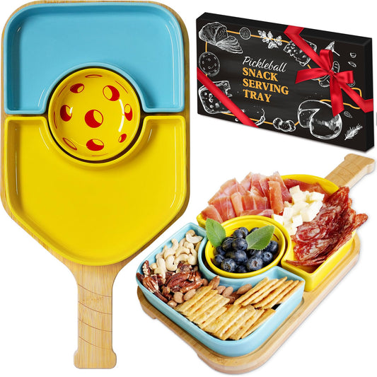 Pickleball Paddle Snack Tray Set, Ceramic Serving Plates with Bamboo Charcuterie Board, Paddle Appetizer Platter for Parties, Unique Pickleball Mothers Day Gifts for Mom