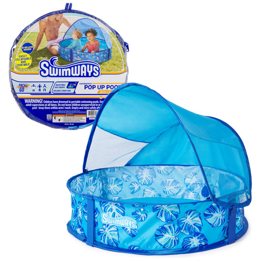 Swimways Elite Pop-Up Above Ground Pool, Baby Pool with Canopy & Carrying Case, Foldable Kiddie Pool for Ages 9-24 Months, Measures 32", Blue