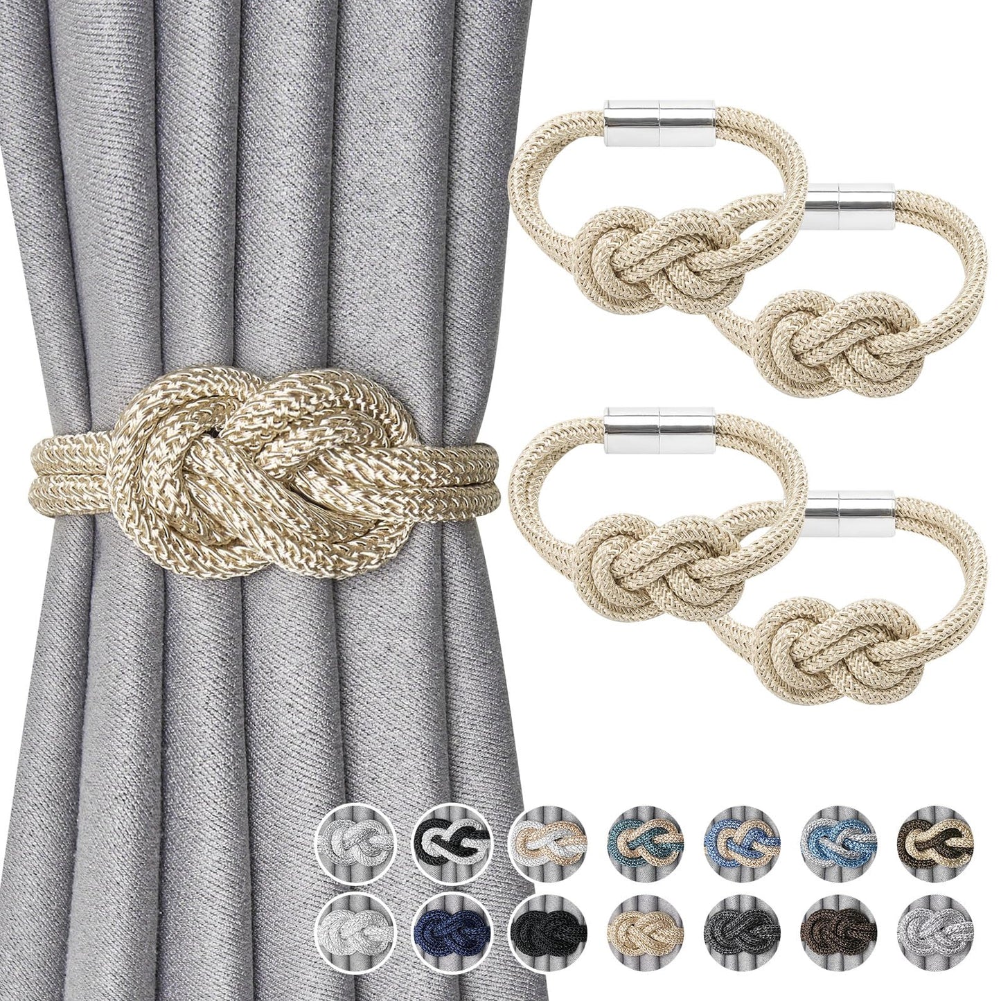 NICEEC 4 Pack Mini Magnetic Curtain Tiebacks Nordic Simple Style Drape Tie Backs Elegant Hand Weave Rope Knot Decorative Curtain Holdbacks for Home & Office Thin Window Drapery (Beige)