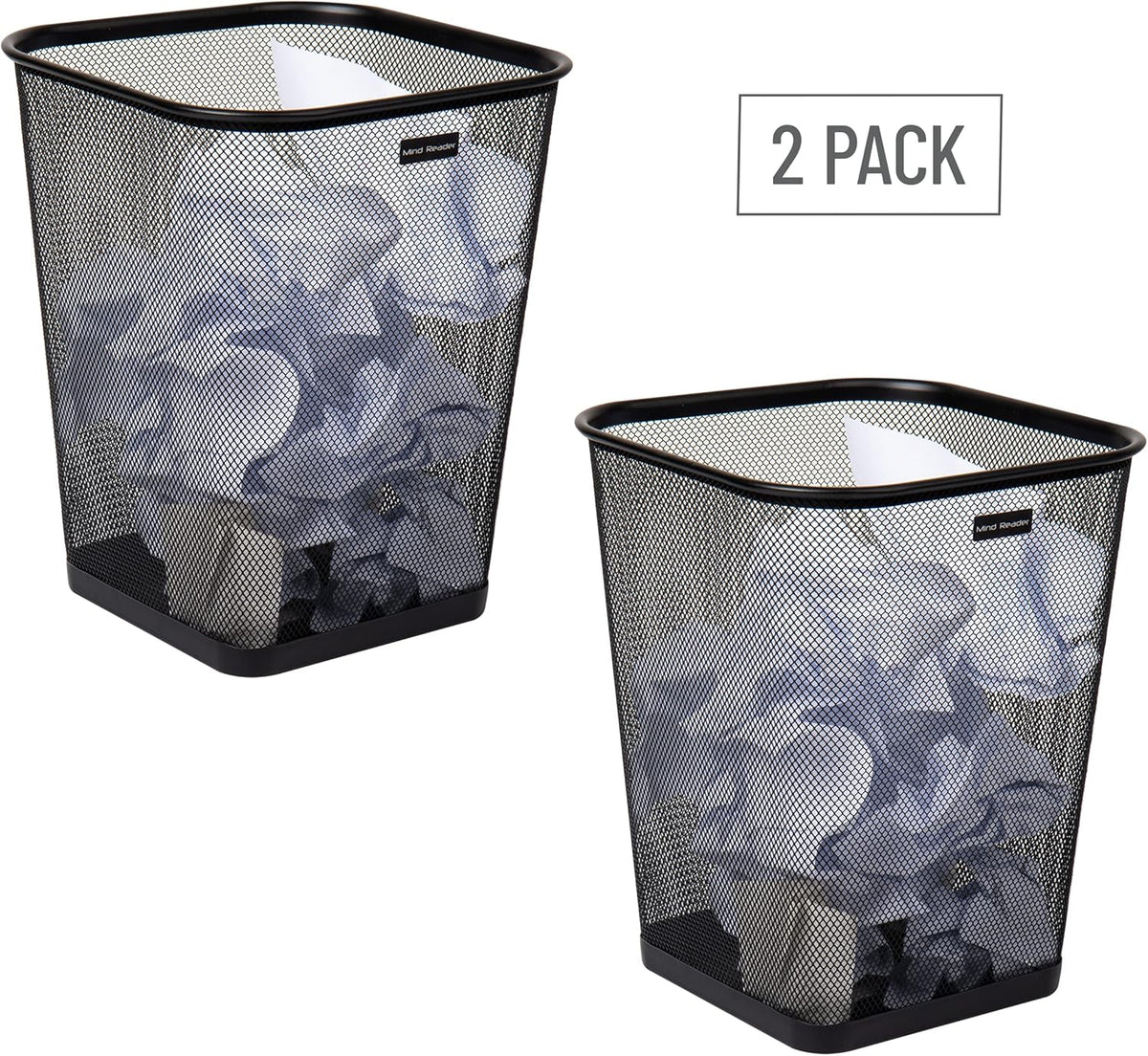 Mind Reader Mesh Trash Can, Waste Paper Basket, Square, Office, Metal Mesh, 9.75"L x 9.75"W x 12.25"H, Set of 2, Black