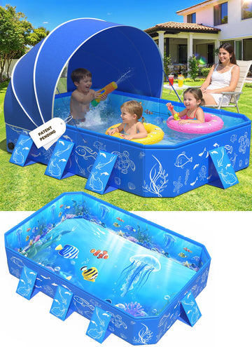 Kiddie Pool with Canopy, Baby Swimming Pool for Toddler, Non-Inflatable Portable Pool for Kids, Foldable Toddler Pool with Shade