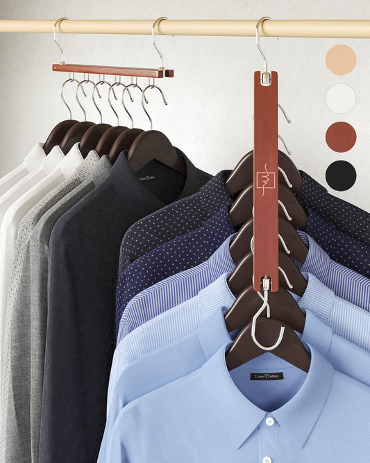 MORALVE Space Saving Hangers for Closet – 4 Pack European Beechwood 6-Tier Shirt Organizer with 360° Swivel Hook – Collapsible Clothes Hanger