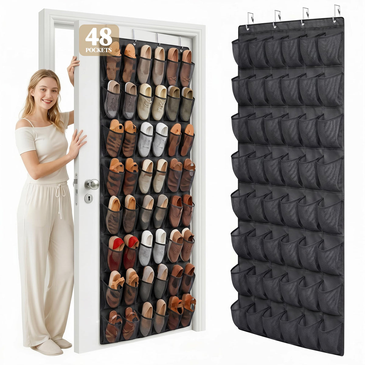 48 Pockets Over the Door Shoe Organizer, Fits Women's Shoes Up to US Size 9, 6-Column Heavy Duty Shoe Storage for Sneakers & Heels