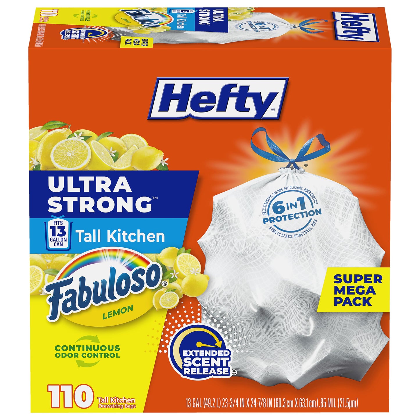 Hefty Ultra Strong 13 Gallon Trash Bags, Tall Kitchen Trash Bags 13 Gallon Size, Resist Leaks, Punctures, and Rips, Continuous Odor Control, White, Fabuloso Lemon Scent, 110 Bags