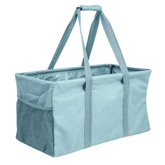 Extra Large Utility Tote Bag - Oversized Collapsible Reusable Wire Frame Rectangular Canvas Basket With Two Exterior Pockets For Beach, Pool, Laundry, Car Trunk, Storage - Light Blue