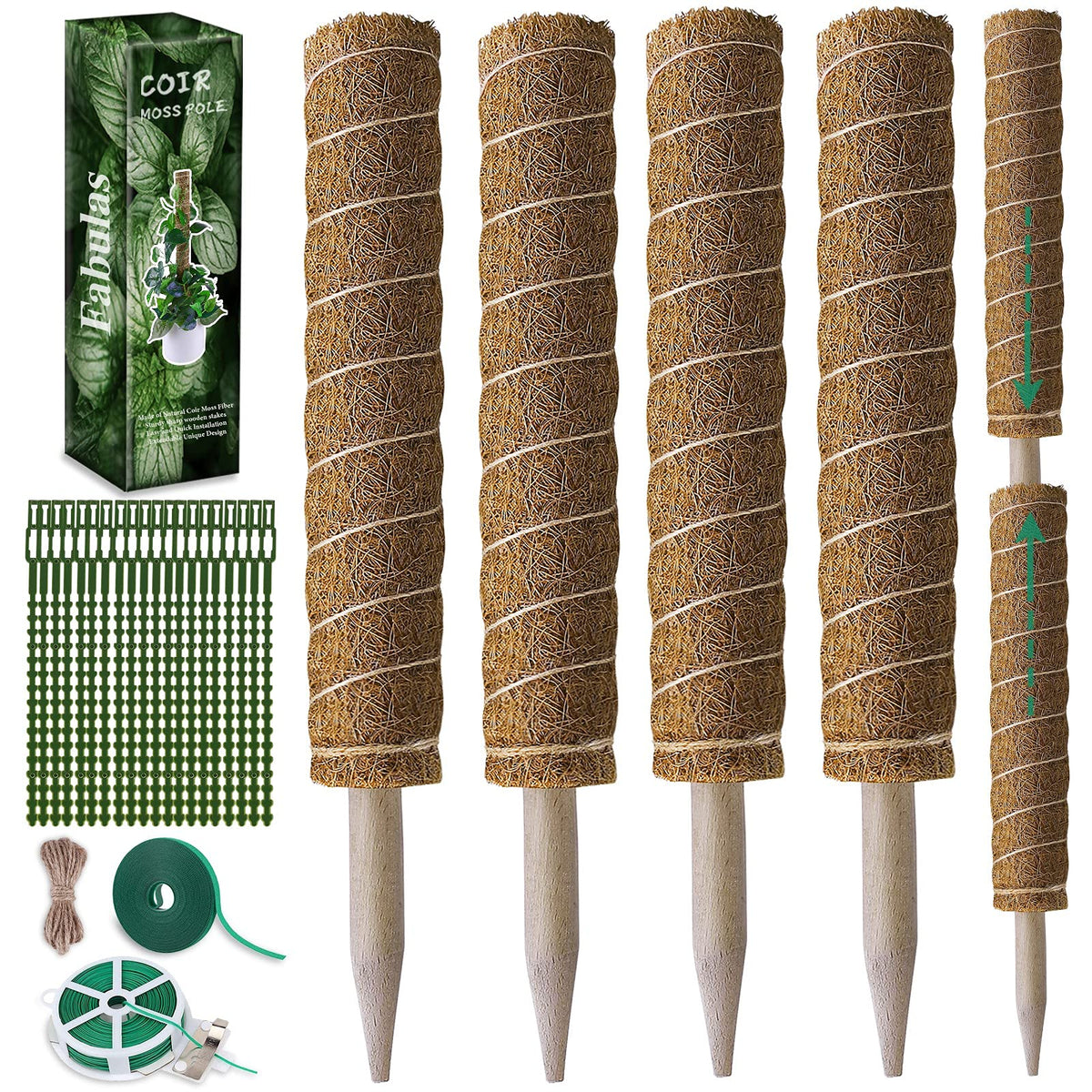 Fabulas Moss Pole 47.5 Inch - Monstera Plant Support, 4 Packs 16 Inch Plant Stakes for Indoor Plants Coco Coir Moss Pole Sticks for Climbing Potted Live Plants, Pothos, Philodendron, with Garden Ties