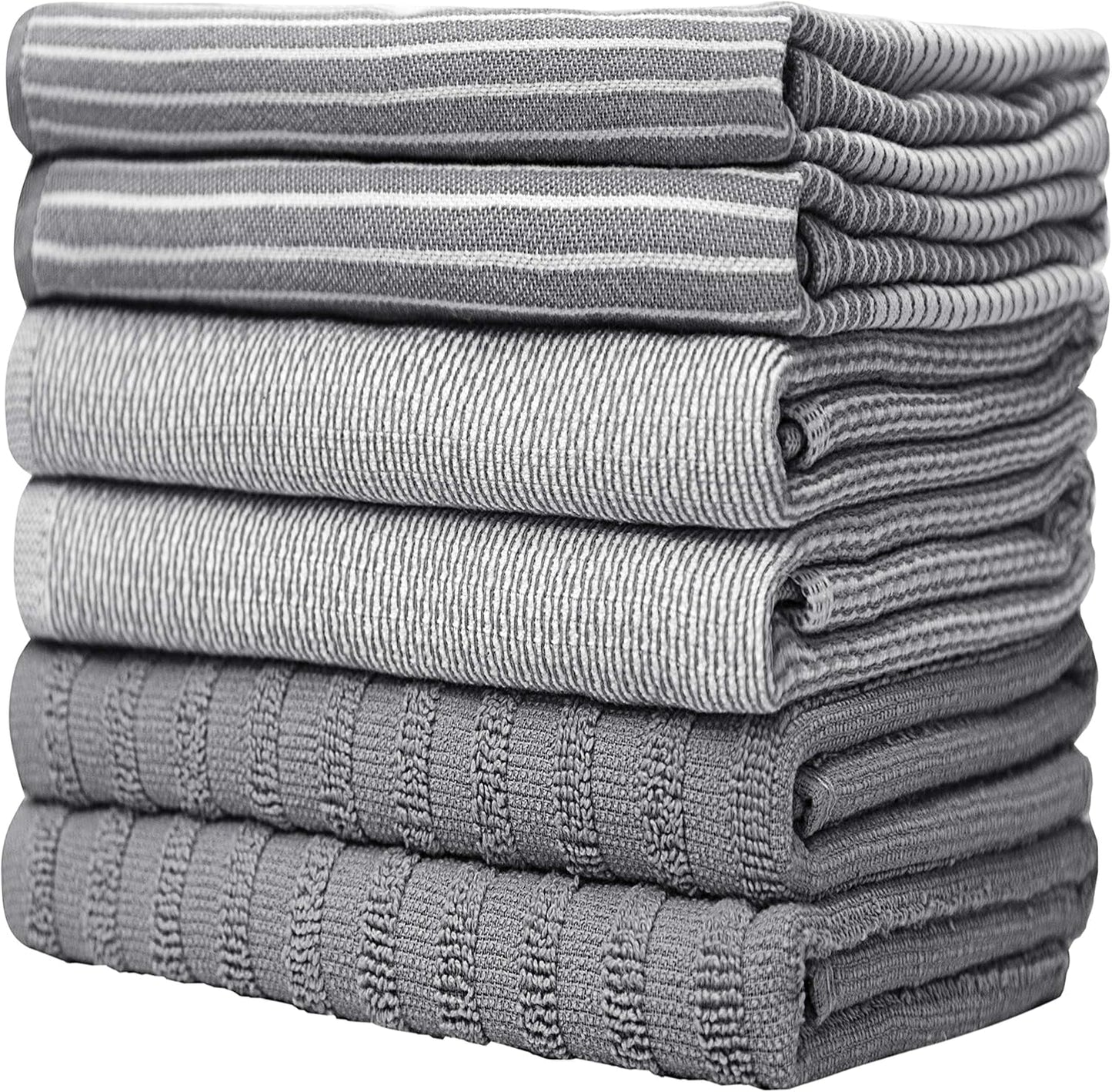 Premium Kitchen Towels (20”x 28”, 6 Pack) | Large Cotton Dish Towels | Flat & Terry Highly Absorbent Kitchen Linen Set with Hanging Loop | Gray