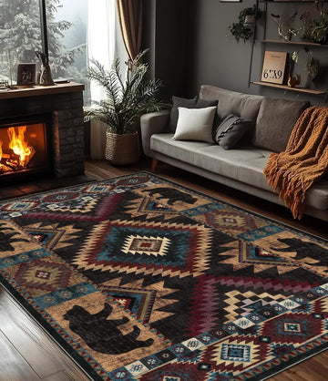 YIHOUSE Rustic Cabin Area Rug for Bedroom 5x7, Machine Washable Lodge Bear Rug, Non-Slip Low Pile Print Pattern Western Rug for Living Room