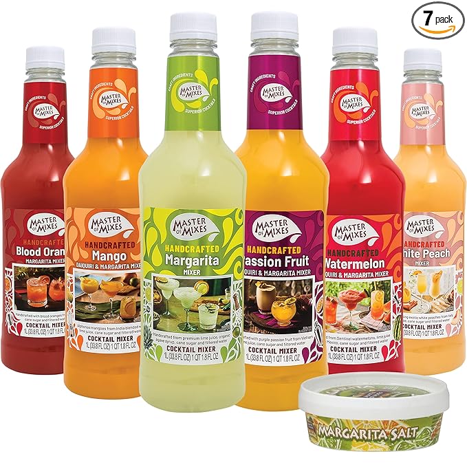 Master of Mixes Margarita / Daiquiri Drink Mixes Variety, Ready to Use, 1 Liter Bottles (33.8 Fl Oz), Pack of 6 Flavors + Margarita Salt