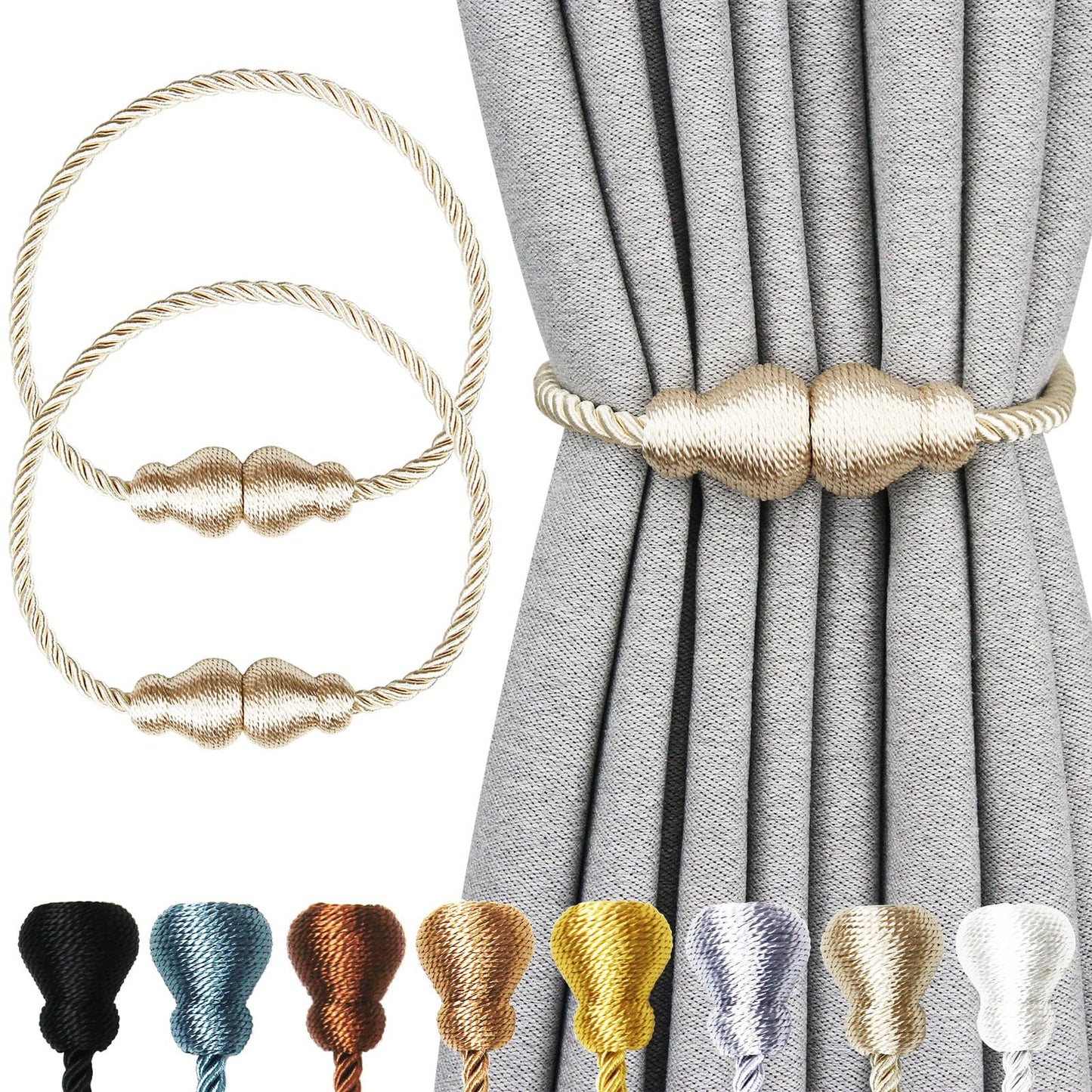 Magnetic Curtain Tiebacks Outdoor Curtain Tie Backs Rope Decorative Magnetic Curtain Holders for Drapes Window Treatment Holdbacks, Beige 2Pack