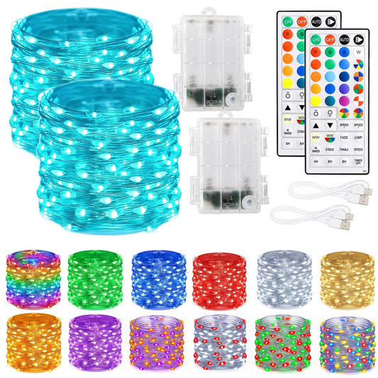 Dazzle Bright Color Changing Fairy Lights Battery Operated, 2 Pack Total 40FT 120LED Silver Copper Wire RGB String Lights with Remote, Waterproof