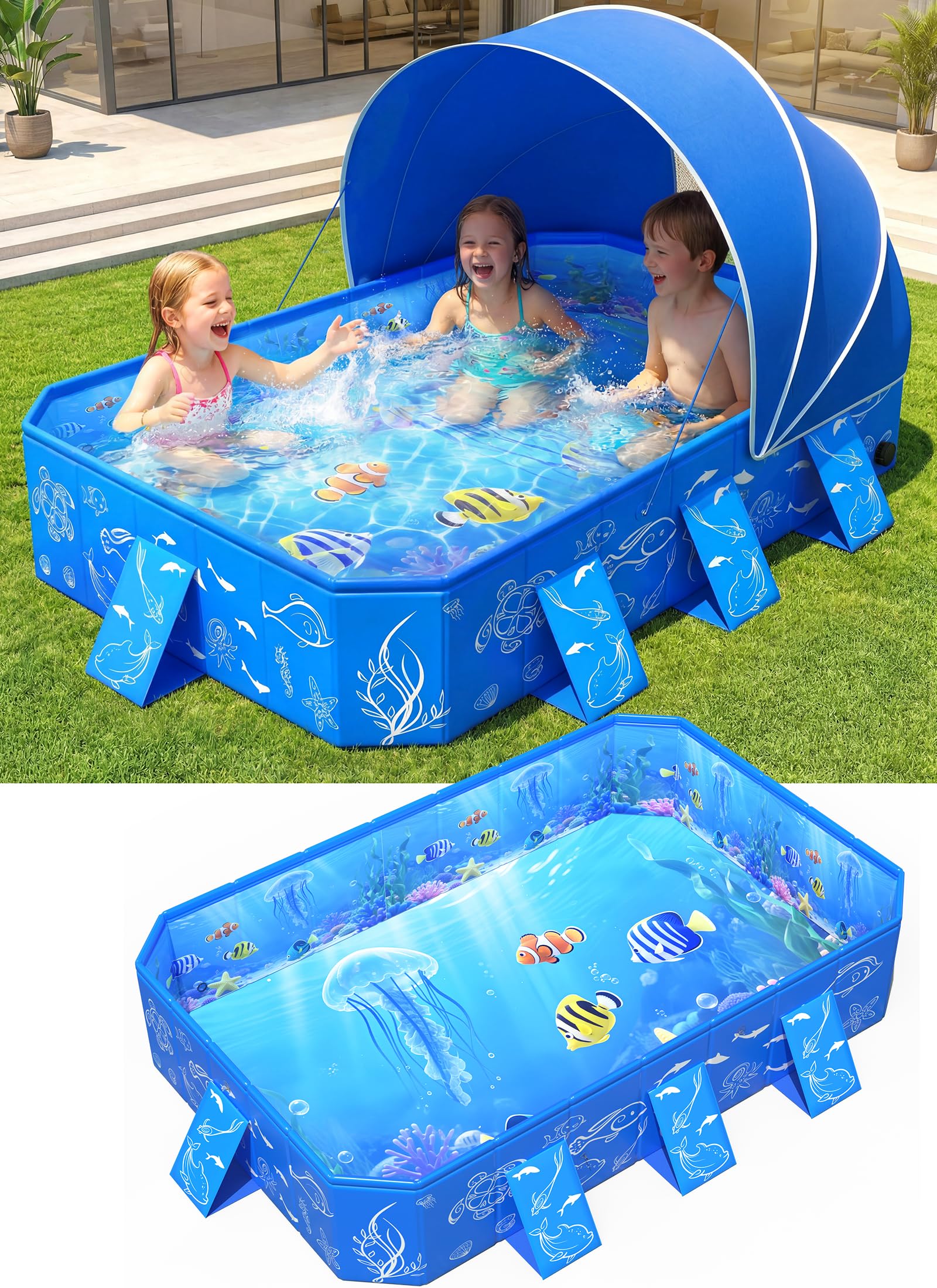 2026 Foldable Kiddie Pool with Canopy,Baby Swimming Pool for Toddler,Non-Inflatable Toddler Pool,Foldable Kiddie Pool with Shade,Kid Pool for Backyard,Pop up Kiddie Beach Pool 53''*40''*33''