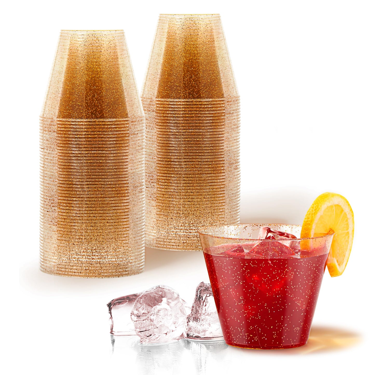 Stock Your Home 9oz Gold Glitter Plastic (50 Pack), Elegant Party Glasses for Birthdays, Weddings and Holidays, Fancy Disposable Cocktail, Clear and Gold, Bulk Wine and Mimosa