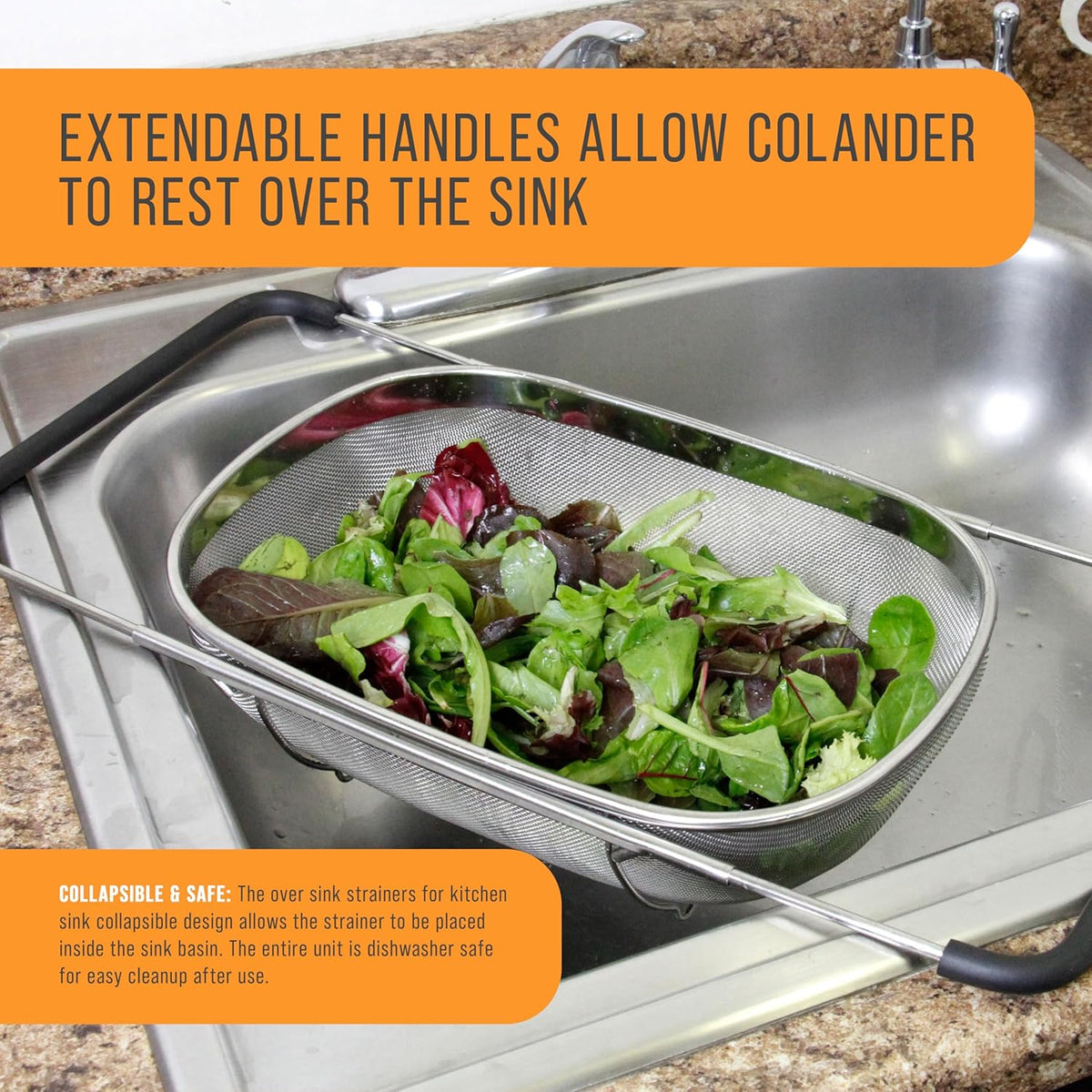 U.S. Kitchen Supply Stainless Steel Colander Strainer - 6-Quart Collapsible Colander with Expandable Rubber Handles - Rectangular Sieve, Fine Mesh Stainless Steel Strainers and Colanders for Kitchen