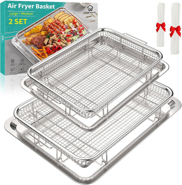 Air Fryer Basket, Openice 2 Set Air Fryer Pan and Crisper Tray for Oven, Non-stick Oven Air Fryer Basket for Baking and Crispy Foods - Large & Medium
