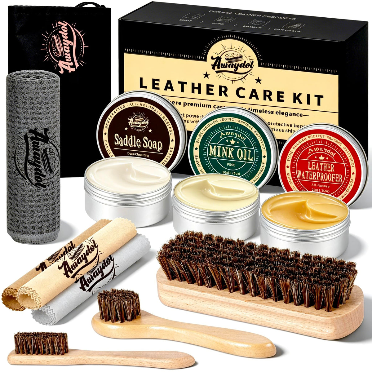 10 PCS Leather Care Kit - Horsehair Brushes,Saddle Soap,Waterproofing Wax,Mink Oil Conditioner,Polishing Cloth,Microfiber cloth,Boot Shoe Shine Cleaning Kit Gift for Men Cowboy Husband Dad