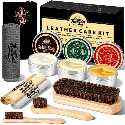 10 PCS Leather Care Kit - Horsehair Brushes,Saddle Soap,Waterproofing Wax,Mink Oil Conditioner,Polishing Cloth,Microfiber cloth,Boot Shoe Shine Cleaning Kit Gift for Men Cowboy Husband Dad