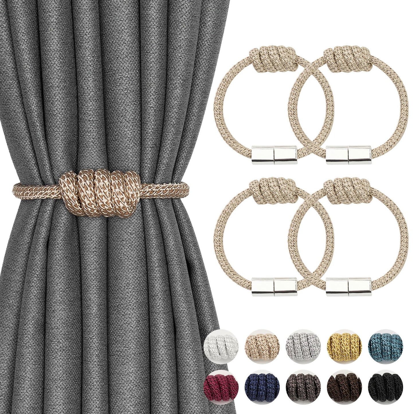 NICEEC 4 Pack Mini Magnetic Curtain Tiebacks Modern Simple Style Drape Tie Backs Elegant Hand Weave Rope Knot Decorative Curtain Holdbacks for Home & Office Window Drapery (Beige)