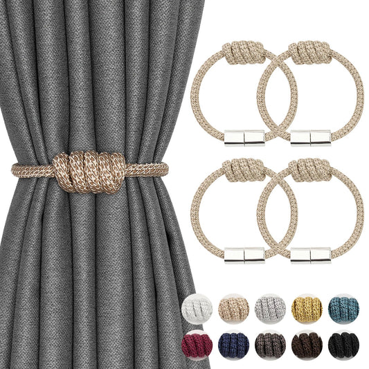 NICEEC 4 Pack Mini Magnetic Curtain Tiebacks Modern Simple Style Drape Tie Backs Elegant Hand Weave Rope Knot Decorative Curtain Holdbacks for Home & Office Window Drapery (Beige)